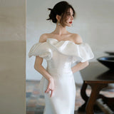 One-Word Shoulder-Singed Sedable Face Light Wedding Bridal Wedding Bridal Shot French Simple Fishtail Welcome Out Yarn Super Fairy Dress HZ0517