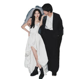 French Light Wedding Dress Bride Simple Temperament Sling Ribbon Before The Yarn Short White Dress Dress Small HZ0517