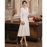 White Dress 2026 Summer Can Usually Wear The French Registration License Small White Dress Banquet Long V Collar Evening Dress HZ0517