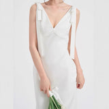 White Deep V-Neck Dress Dress High Waist-High Bow Long Shoulder Dress Engagement Dress HZ0517