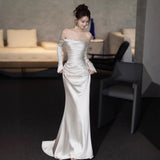 Long-Sleeved Vertiny Light Wedding Dress 2026 New Word-On Shoulder Simple Fishtail Yarn French Engagement Banquet Dress HZ0517