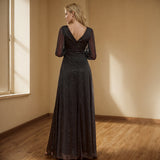 New Long Perspective Sleeve Splicing Long Skirt V-Neck High Open Fork Big A Shiny Full-Lined Quality Evening Dress HZ0517