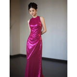 Dragon Fruit Color Bridal Toast Suit 2026 New Lychee Evening Dress Host Light Luxury Niche Hanging Neck Dress HZ0517