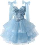 Layered Tulle Back To School Dress Sparkling Lace Decals Bow Strap Teen Short Prom Dress HZ0517