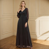 New Long Perspective Sleeve Splicing Long Skirt V-Neck High Open Fork Big A Shiny Full-Lined Quality Evening Dress HZ0517