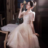Champagne Evening Dress Woman 2026 Niche Light Luxury Banquet Temperament High-End Engagement Birthday Little Princess Dress HZ0517