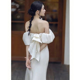 Travel Shooting With A Dilted Face Light Wedding Dress 2026 Spring New French Sexy Bareback Shoulder Temperament White Super Fairy Wedding Dress HZ0517