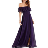 New One-Character Collar Solid-Colored Dress Sleeveless Long-Sleeved-Sided Chiffon Evening Dress Open Skirt HZ0517