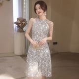 Silver Hanging Neck Body Short Dress Squin Light Luxury Niche Banquet Evening Dress Temperament Sexy Dress Senior Sense HZ0517
