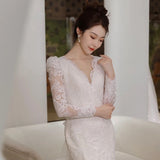 Summer Long-Sleeved Lace Light Wedding Dress 2026 New Bridal French Welcome Yarn Tug Fishtail Dress Dress HZ0517