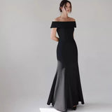 Light Wedding Dress Sen Family Travel Simple 2025 New Bride Wedding Super Fairy Shoulder Black Thin Fishtail Dress HZ0517