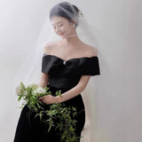 French One-Word Shoulder Black-Themed Light Wedding Dress Shooting Simple Stite Hepburn Style Korean Evening Dress Long Dress HZ0517