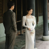 Korean Denoodle Light Wedding Dress White Simple Long Sleeve Yarn Bridal Temperament Fishtail Thin Evening Dress Woman HZ0517