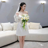 French One-Word Shoulder-To-Shoulder Wedding Bridal Engagement Long-Sleeved Certificate Registration Small White Skirt Elegant Short Dress HZ0517