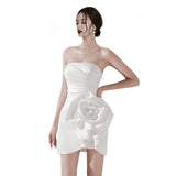 White Densate Tecta Tectic Tectic Tectic Bridal Dress Femininity Irregular Design Three-Dimensional Flower Evening Dress HZ0517