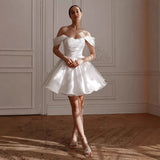 French White Shoulder Light Wedding Banquet Registration Certificate Go Out Yarn Birthday Party Short Evening Dress HZ0517