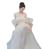 One-Word Shoulder Light Wedding Dress Half-Perspective New French Fairy Morning Robe Bride Married Yarn Tective Engagement Dress HZ0517