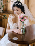French Word Shoulder Light Wedding Dress 2026 New Bride Simple Vertine Face To Go Out To Welcome Yarn Super Fairy High Open Fork Dress HZ0517