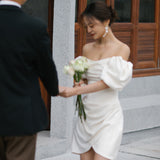 French Light Wedding Dress A Word Shoulder White Dens, Short Dress Wedding Certificate Registration Mori Family Travel Yarn HZ0517