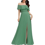 New One-Character Collar Solid-Colored Dress Sleeveless Long-Sleeved-Sided Chiffon Evening Dress Open Skirt HZ0517