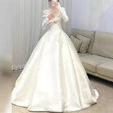 French One-Word Shoulder Light Wedding Dress Bride Long-Sleeved Vertine Temperament Go Out Yarn High-End Yarn Welcome Light Dress HZ0517