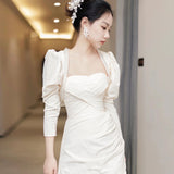 French Long-Sleeved Light Wedding Dress Bridal Temperament Simple Retro Fascling Yarn HZ0517