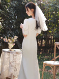French White Evening Dress Femininity Banquet Sexy Fishtail Dress Long Host Small V-Neck Dress HZ0517