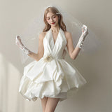 French Hanging Neck Light Wedding Dress 2026 New White Simple Set Of Face Bride Wedding Short Birthday Sexy Dress HZ0517