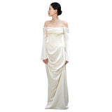 French Long-Sleeved Light Wedding Dress Word Shoulder High-End Feeld Blinded Small White Engagement Evening Dress Temperament Simple Daily HZ0517
