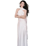 Engagement Dress Dress Dress 2026 New French Retro Style Simple Light Sen Family Light Wedding Dress Hanging Neck Morning Robe Evening Dress HZ0517