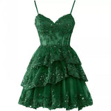 Fine Shoulder Strap Tulle Sling Evening Dress Party Ball Dress Short Lace Lace Dress High Sense HZ0517
