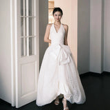 Light Wedding Dress Female Bride Wedding Hanging Neck Toast Suit 2026 New Elegant Dignified V-Neck Party Dinner Dress HZ0517