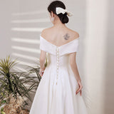 French Light Wedding Dress Simple Dens, Go Out To Syarsen To Shoot The Bride's Wedding Engagement Dress A Word Shoulder Light Wedding Dress HZ0517