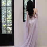 One-Word Shoulder-Singed Fish-Tailed Light Wedding Dress French-Style Niche Go Out Yarn Super Xiansen Family Travel Light Dress Sexy Open Fork HZ0517
