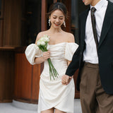 French Light Wedding Dress A Word Shoulder White Dens, Short Dress Wedding Certificate Registration Mori Family Travel Yarn HZ0517