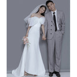 French Light Wedding Bow Bow Shoulder Dress Simple Travel Ultra-Fairy Fishtail Dress Korean Welcome Yarn HZ0517