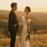 One-Word Shoulder-Sand-Sand-Faced Fishtail Light Wedding Dress Simple Mori Super Fairy Korean Style Yarn Thin Travel Shot White Dress Skirt HZ0517