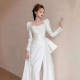 Site Long-Sleeved Light Wedding Dress Bridal French High-Grade White Simple Hepburn Style Go Out Yarn Tail Welcome Dress HZ0517