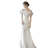 Korean One-Word Shoulder Wedding Dress 2026 New Bridal Temperament Waist Fish Tail Showing Thin And Stew Welcome To Go Out Light Yarn Autumn HZ0517