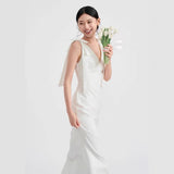 White Deep V-Neck Dress Dress High Waist-High Bow Long Shoulder Dress Engagement Dress HZ0517