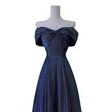 One-Word Shoulder Blue Evening Dress High-End Light Luxury Small Girl Host Birthday Adult Gift Student Graduation Performance Suit HZ0517