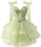 Layered Tulle Back To School Dress Sparkling Lace Decals Bow Strap Teen Short Prom Dress HZ0517