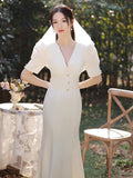 French White Evening Dress Femininity Banquet Sexy Fishtail Dress Long Host Small V-Neck Dress HZ0517
