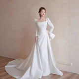 Site Long-Sleeved Light Wedding Dress Bridal French High-Grade White Simple Hepburn Style Go Out Yarn Tail Welcome Dress HZ0517