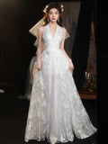Hanging Neck Lace Light Wedding Dress Sen Series Super Fairy Out Of The Back Of The Back Of The Light Yarn Welcome Outdoor Wedding Wedding Wedding Morning Robe HZ0517