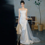 French Braped Light Wedding Dress Bridal Bristling With Simple Temperament Sen Yarn Fishtail Welcome Dress Dress HZ0517