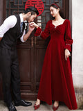 Toasting Bridal 2026 New Wine Red Long-Sleeved Velvet Engagement Back Door Toasting Banquet Dress HZ0517