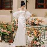 French Light Wedding Dress Lint Temperament Shoulder Yarn Small Tail Smear Bride Welcome Evening Dress White HZ0517