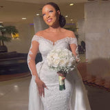 New African Mermaid Removable Drag-Tailed Wedding Dress Long-Sleeved Skinny Net Retro Lace Bride Big Tail Wedding Dress HZ0517