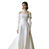 One-Word Shoulder Light Main Wedding Dress 2026 Winter Bridal French Sexy Spring White Long Sleeve Annual Tail Dress HZ0517